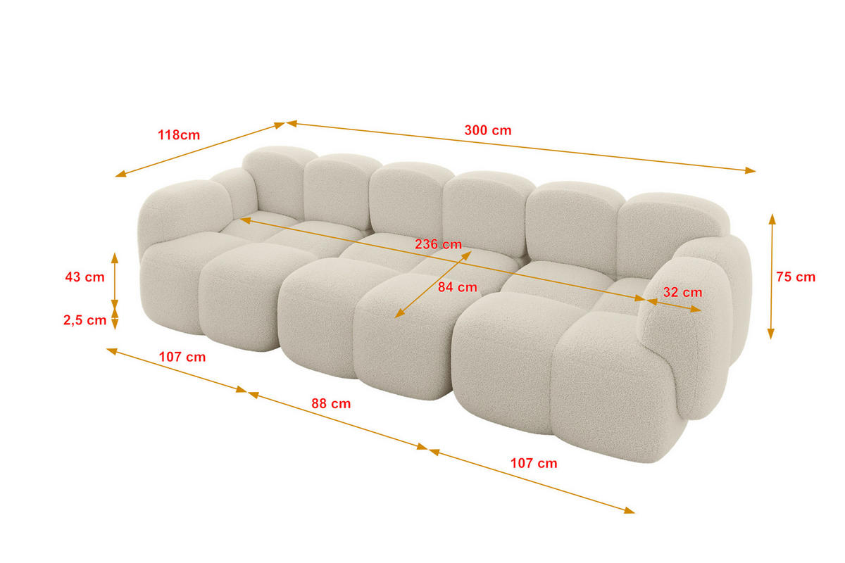 3-SITZER modulares Sofa Miko-S2 300x118x75 cm Beige Bouclé - Sandfarben/Schwarz, Holzwerkstoff/Kunststoff (300/75/118cm) - ALTDECOR