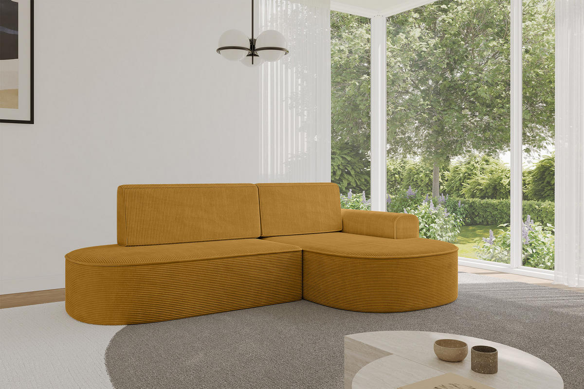ECKSOFA mit Schlaffunktion und Bettkasten Ottomane Rechts MARI-L1-S - 283x167x85 cm Senfgelb Cord - Gelb/Schwarz, Holzwerkstoff/Kunststoff (167/283cm) - ALTDECOR
