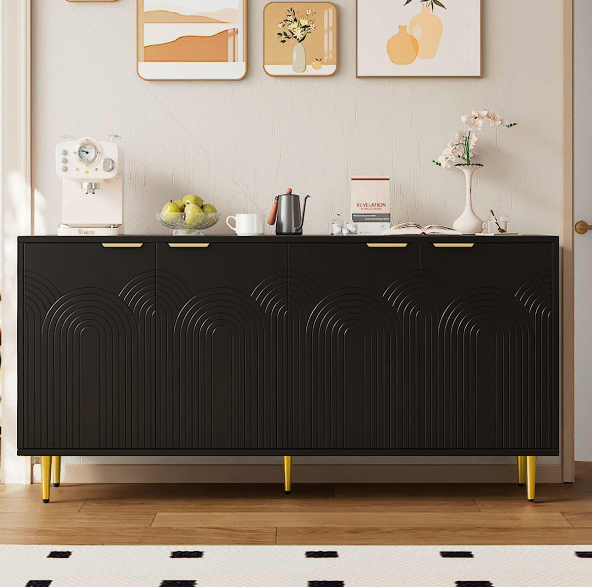 SIDEBOARD 160/40/80 cm Schwarz aus MDF und Spanplatte mit 4 Türen - Schwarz, Holzwerkstoff (40/80/160cm) - OKMYHOME