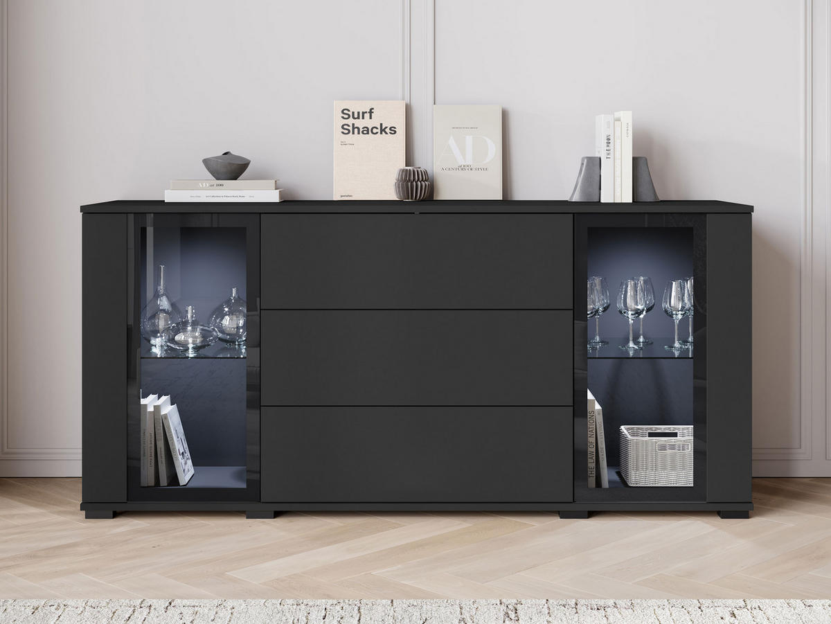 SIDEBOARD Caro SB 150 2D3S mit weißer LED Beleuchtung - Schwarz, Holzwerkstoff/Kunststoff (150/70/40cm) - MIRJAN24