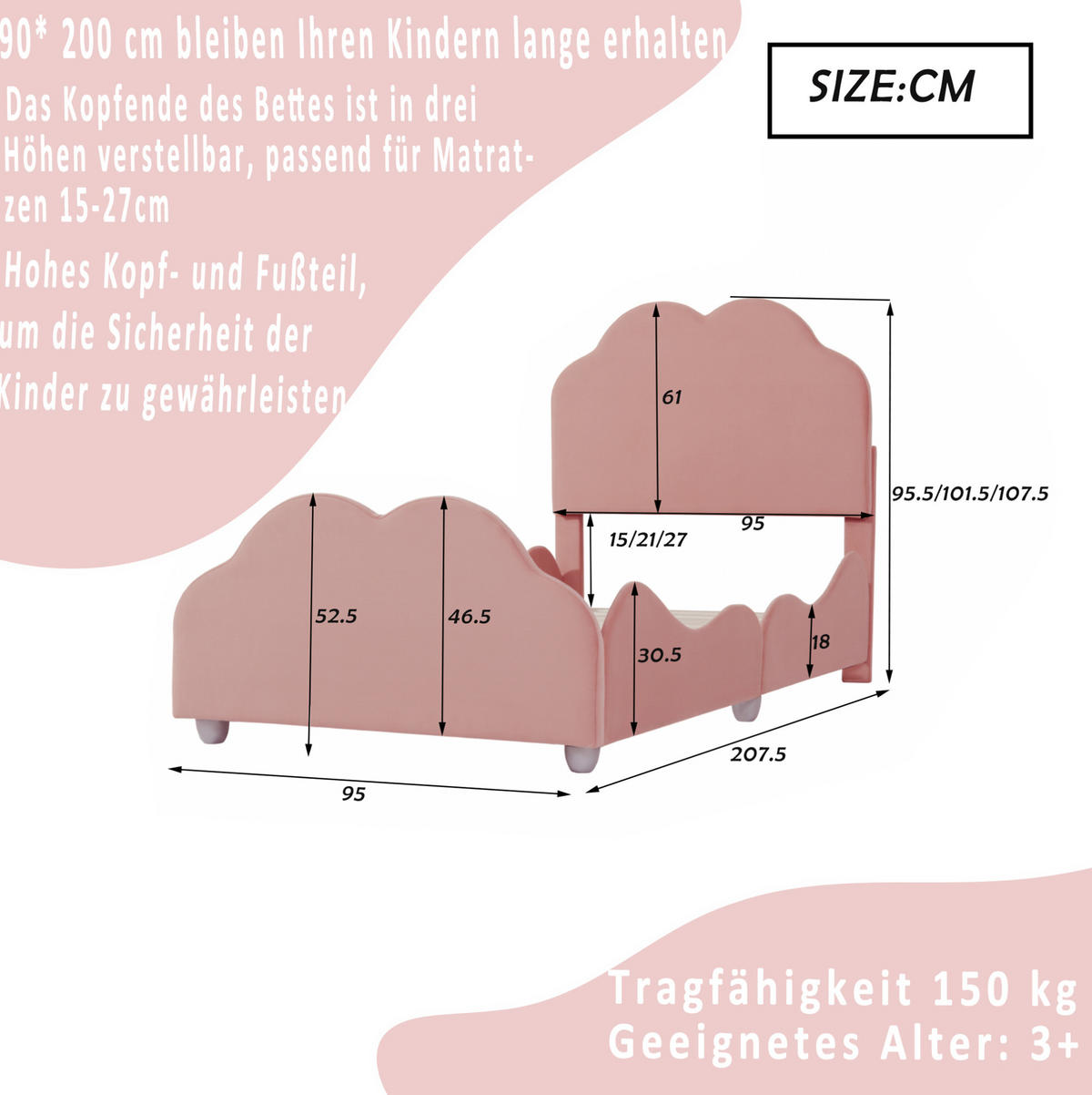 POLSTERBETT 90/200 cm Rosa mit gepolstertem Kopfteil und Sicherheitsgeländer - Pink, Textil (90/200cm) - BEAOK