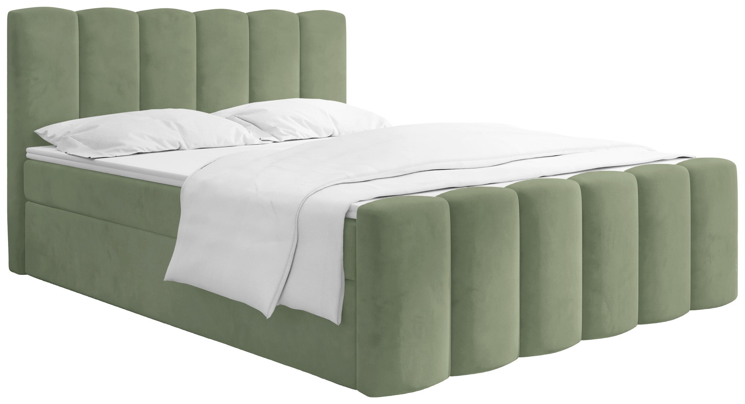 BOXBETT Serenity mit Bettkasten, Salbeigrün Samt 160x200 cm – inkl. H4 Taschenfederkern Matratze & Foam Topper - Salbeigrün/Schwarz, Holz/Holzwerkstoff (160/200cm) - WFL GROUP
