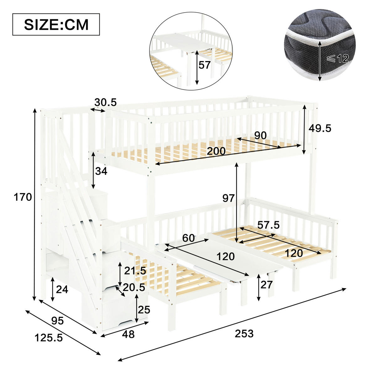 HOCHBETT 90/200 & 120/200 cm aus Kiefer und MDF mit Stauraumtreppe und Klapptisch Weiß - Weiß, Holz (90/200cm) - Modenvie