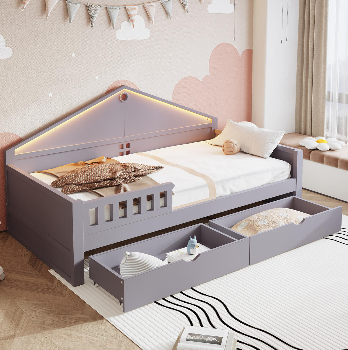 KINDEREINZELBETTEN aus Holz und MDF 90x200 cm in Grau mit LED & 2 Schubladen - Grau, Holz (90/200cm) - Modfu