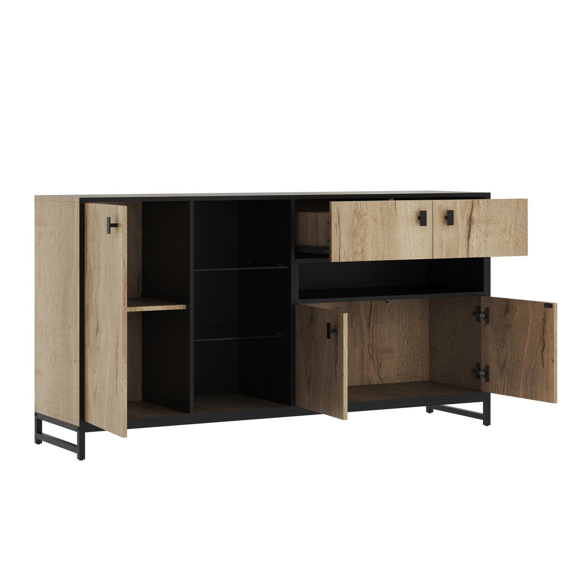 SIDEBOARD 160/40/84,5 cm mit LED-Beleuchtung, Glasregalen und verstellbarem Einlegeboden, Natur - Naturfarben, Holzwerkstoff (160/84.5/40cm) - Redom