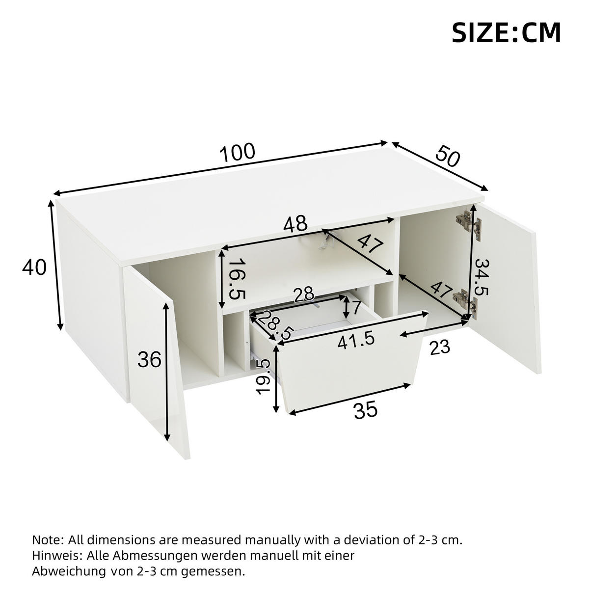 COUCHTISCH 100/50/40 cm weiß mit LED-Beleuchtung 2 Schränken und 1 Schublade - Weiß, Holzwerkstoff (100/50/40cm) - OKWISH