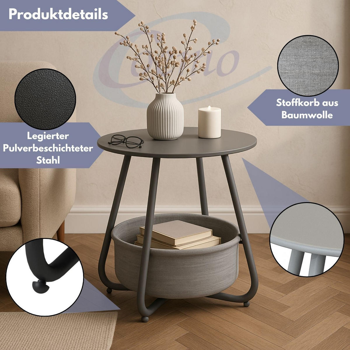 COUCHTISCH KOSI Metall mit Aufbewahrungskorb Canvas Grau - Grau, Metall (50/50/45cm) - Coemo