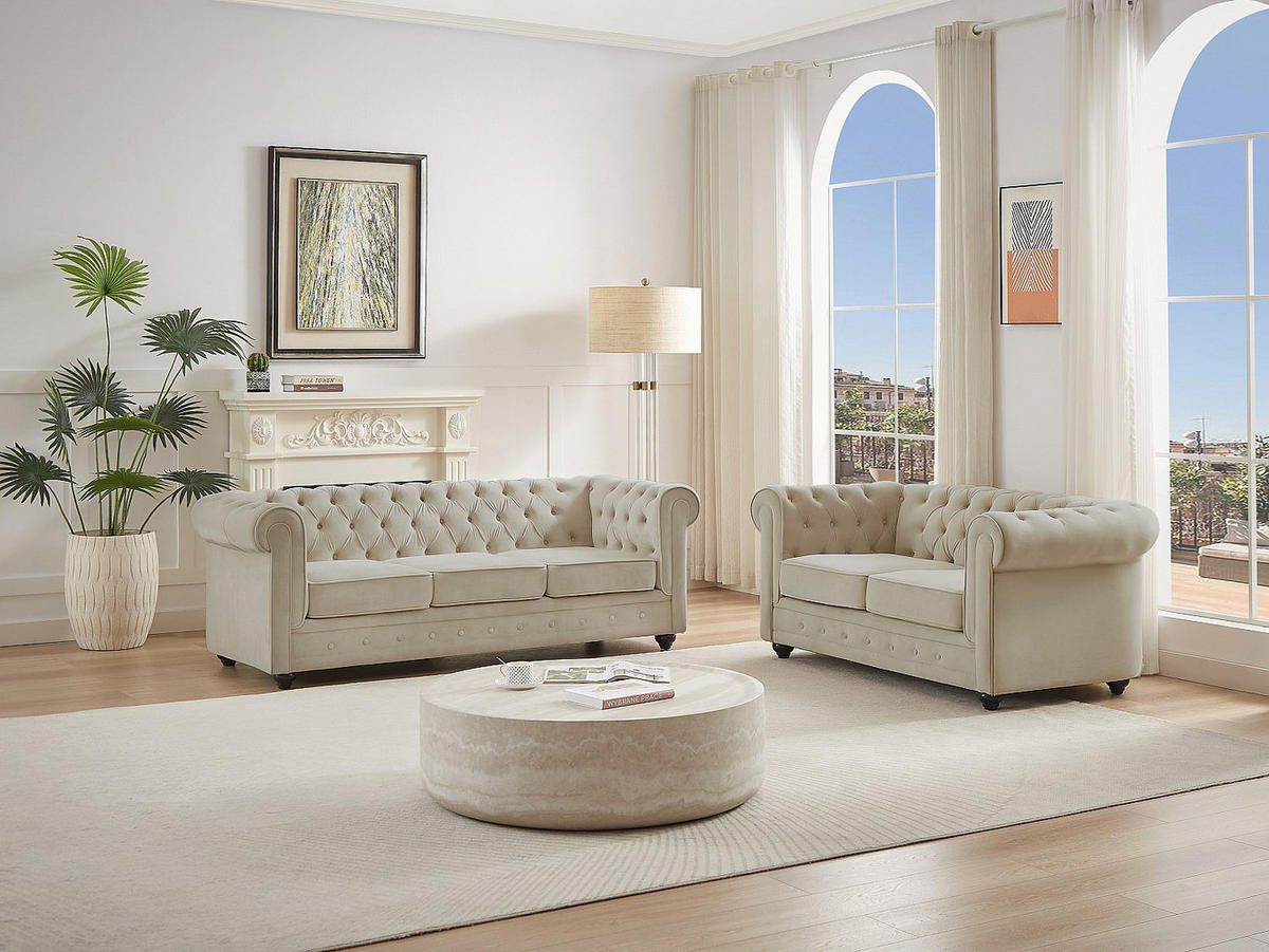 COUCHGARNITUR - 5 Personen - Samt, Stoff - Beige - CHESTERFIELD - Beige, Textil (168/72/88cm) - Vente-Unique
