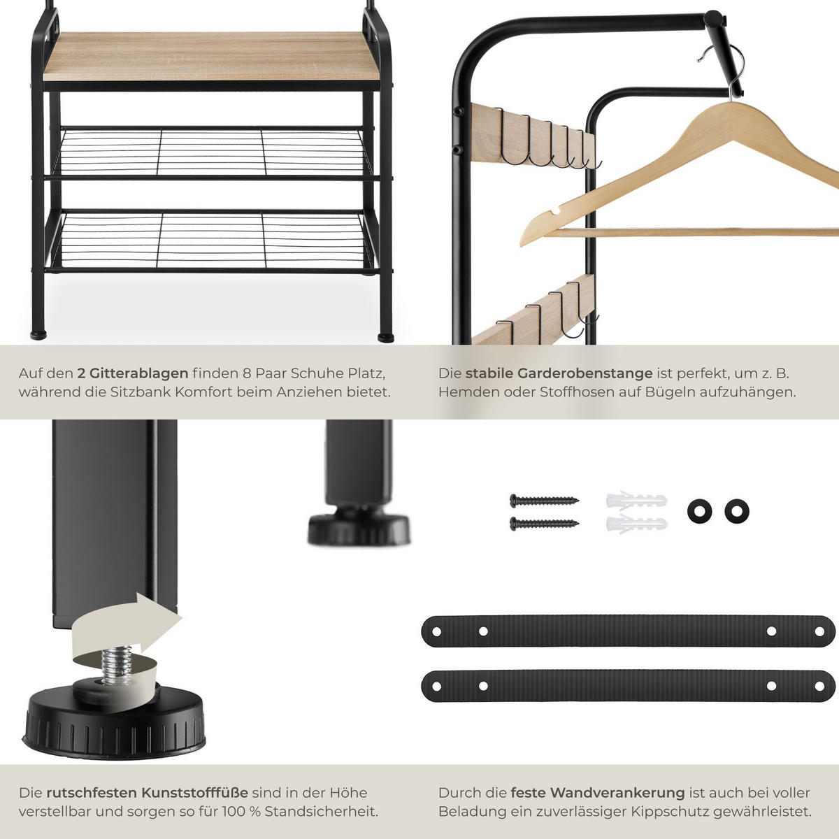 GARDEROBENSTÄNDER Wichita, inklusive Kippschutz, 73,5 x 36 x 184 cm, Industrial Holz hell, Eiche Sonoma - Naturfarben, Textil (36/184/73.5cm) - tectake