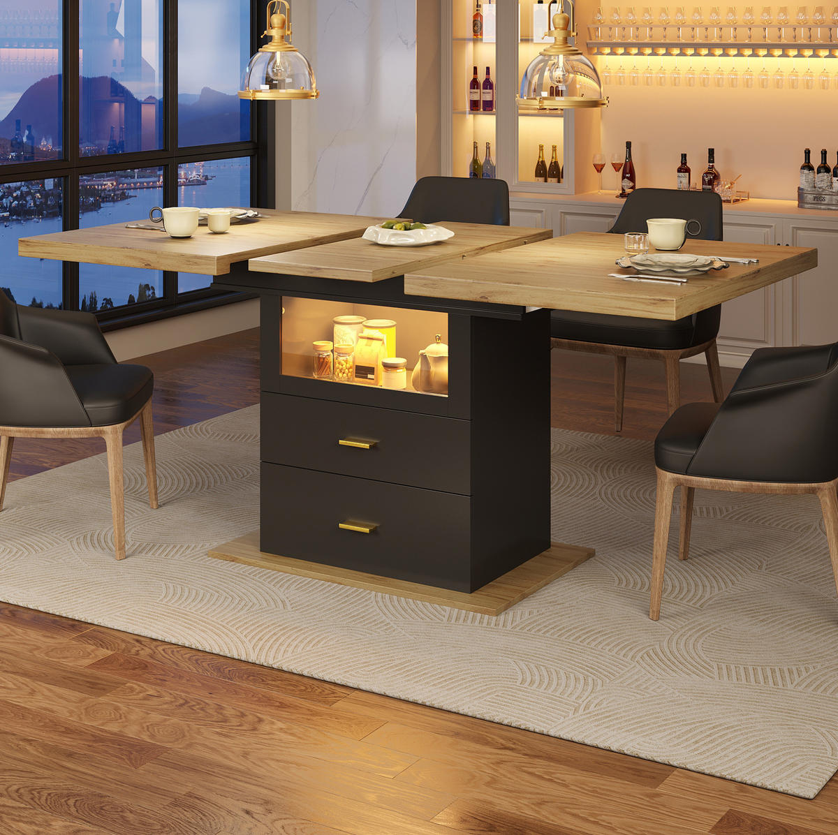 ESSTISCH 110-140x80x75 cm in Natur und Schwarz aus MDF mit LED-Beinen ausziehbar - Naturfarben, Holzwerkstoff (140/80/75cm) - Modfu