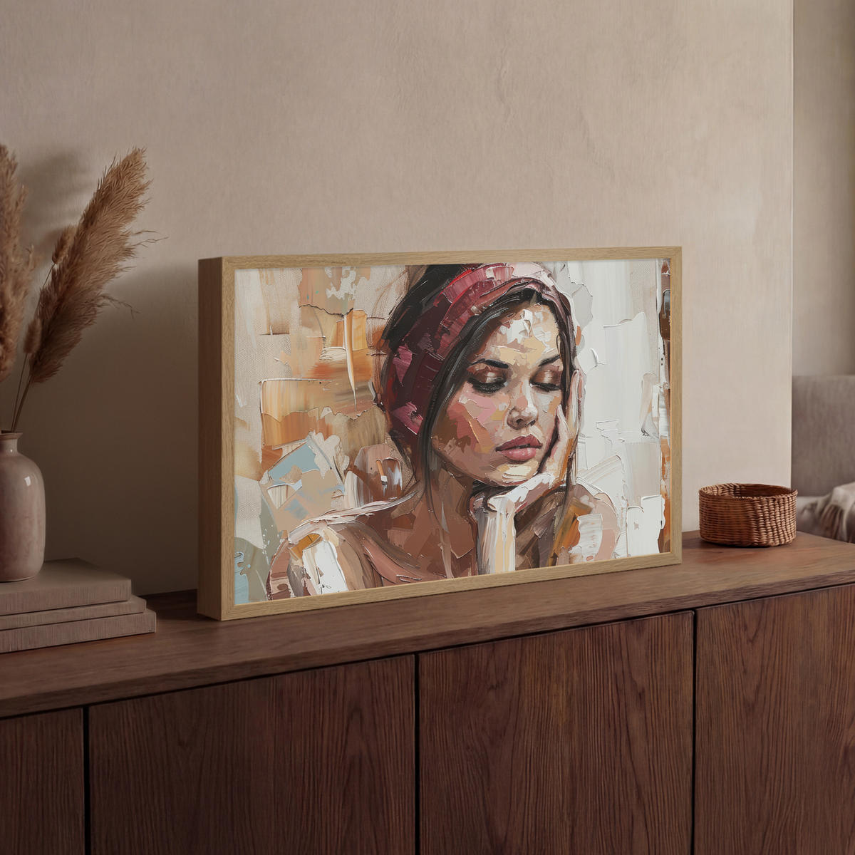 NÁSTĚNNÁ LAMPA S AKUMULÁTOREM Žena - vzhled malby - portrét - moderní 60x40 cm - hnědá, kompozitní dřevo (60/40/8cm) - OnlyWow