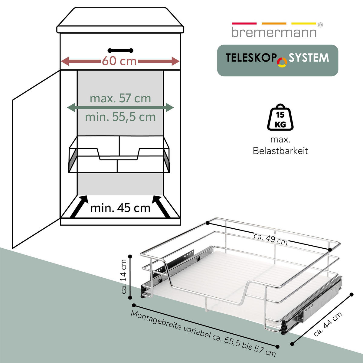 TELESKOPSCHUBLADE 60 cm, silber, Metall - Chromfarben, Metall (57/14/44cm) - bremermann