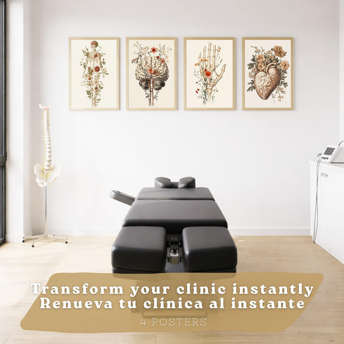 POSTER Set aus 4 Anatomie Mensch Dekorative Drucke und Wandbilder mit Blumen Ganzkörper Gehirn Hand und Herz Stil Wanddekoration Größe Rahmenlos A4 - Klar, Papier (21/29.7/3cm) - Nacnic