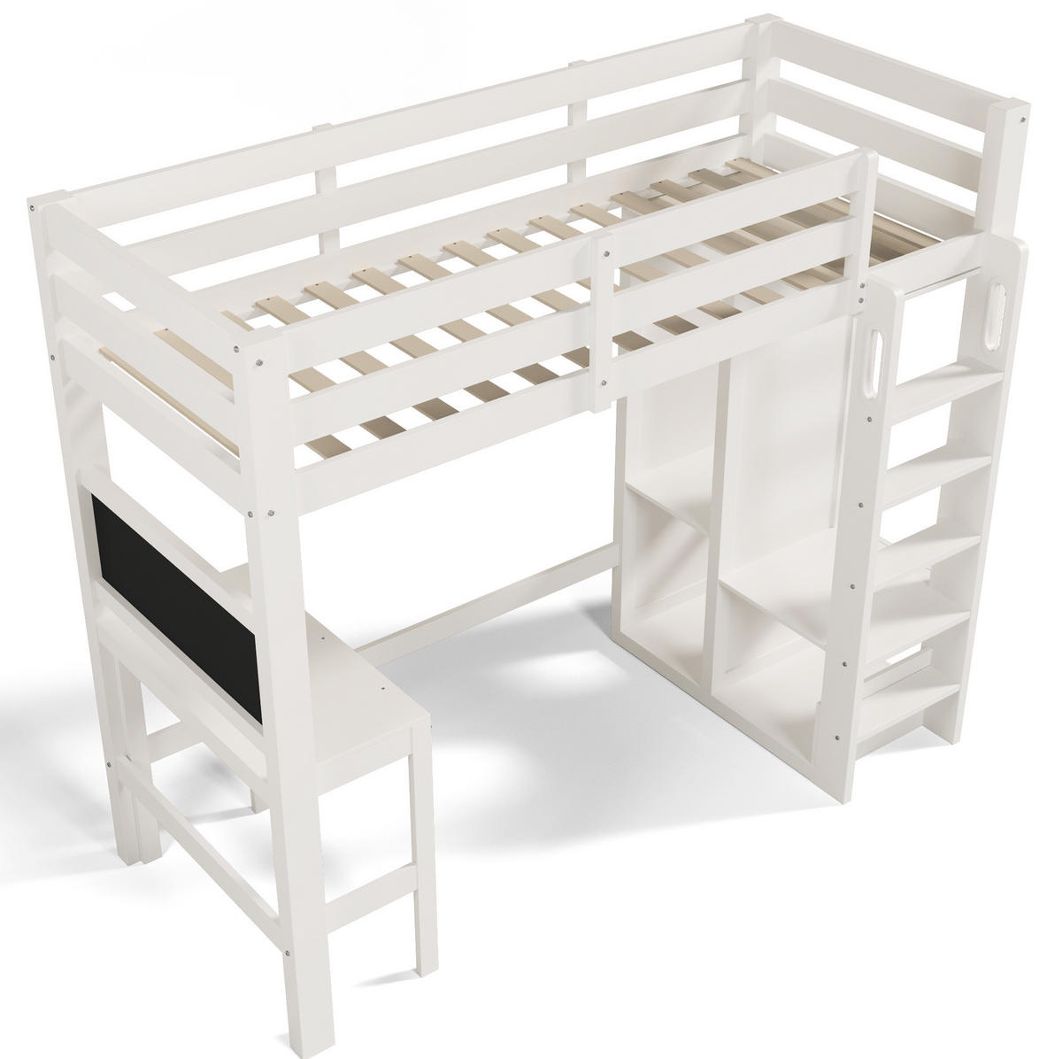 HOCHBETT mit Schreibtisch 90/200 cm in Weiß – mit Kleiderschrank und Rausfallschutz - Weiß, Holzwerkstoff (90/200cm) - BEAOK
