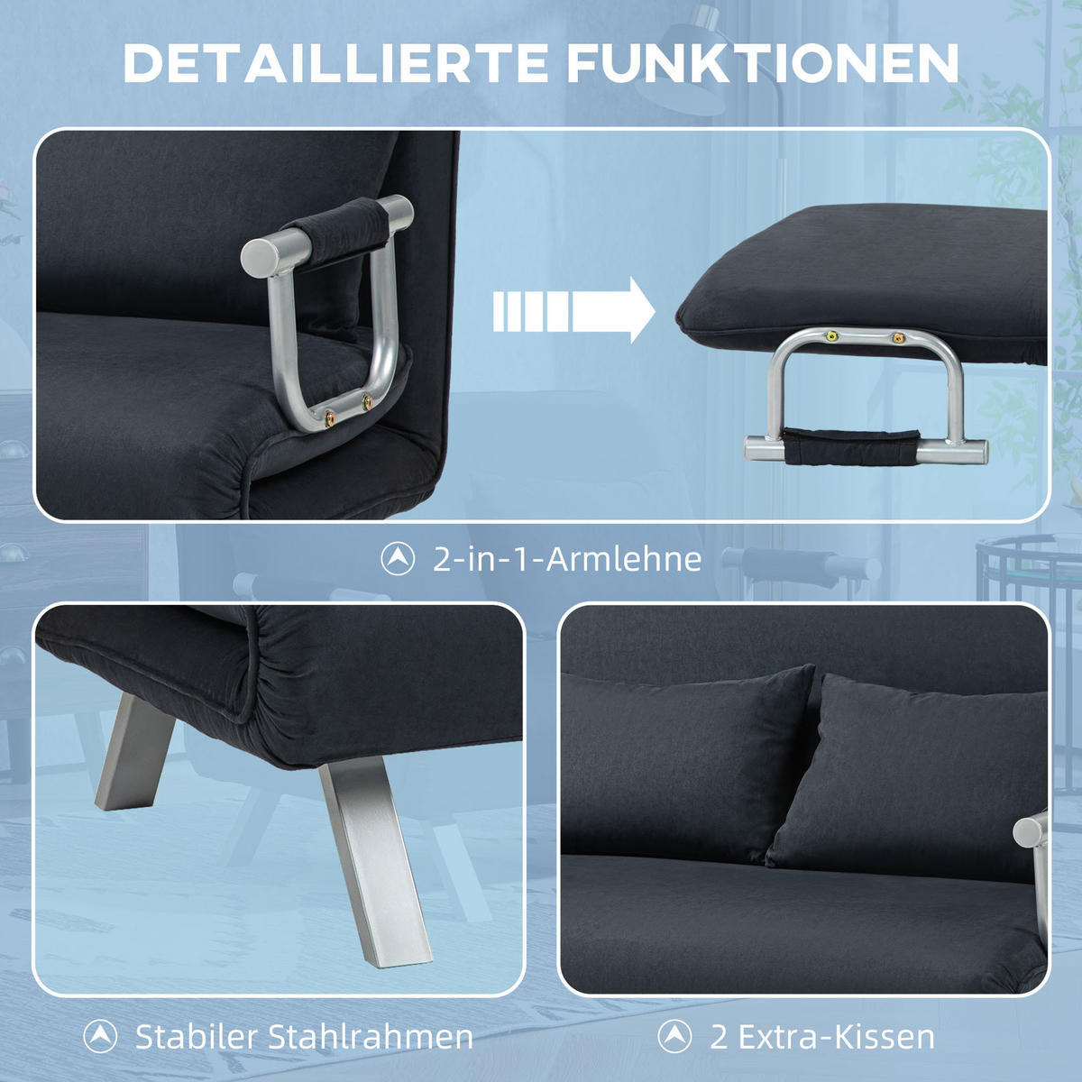 2-SITZER Sofa mit Schlaffunktion, Schlafsofa mit Verstellbarer Rückenlehne - Schwarz, Kunststoff (80/78/111cm) - HOMCOM