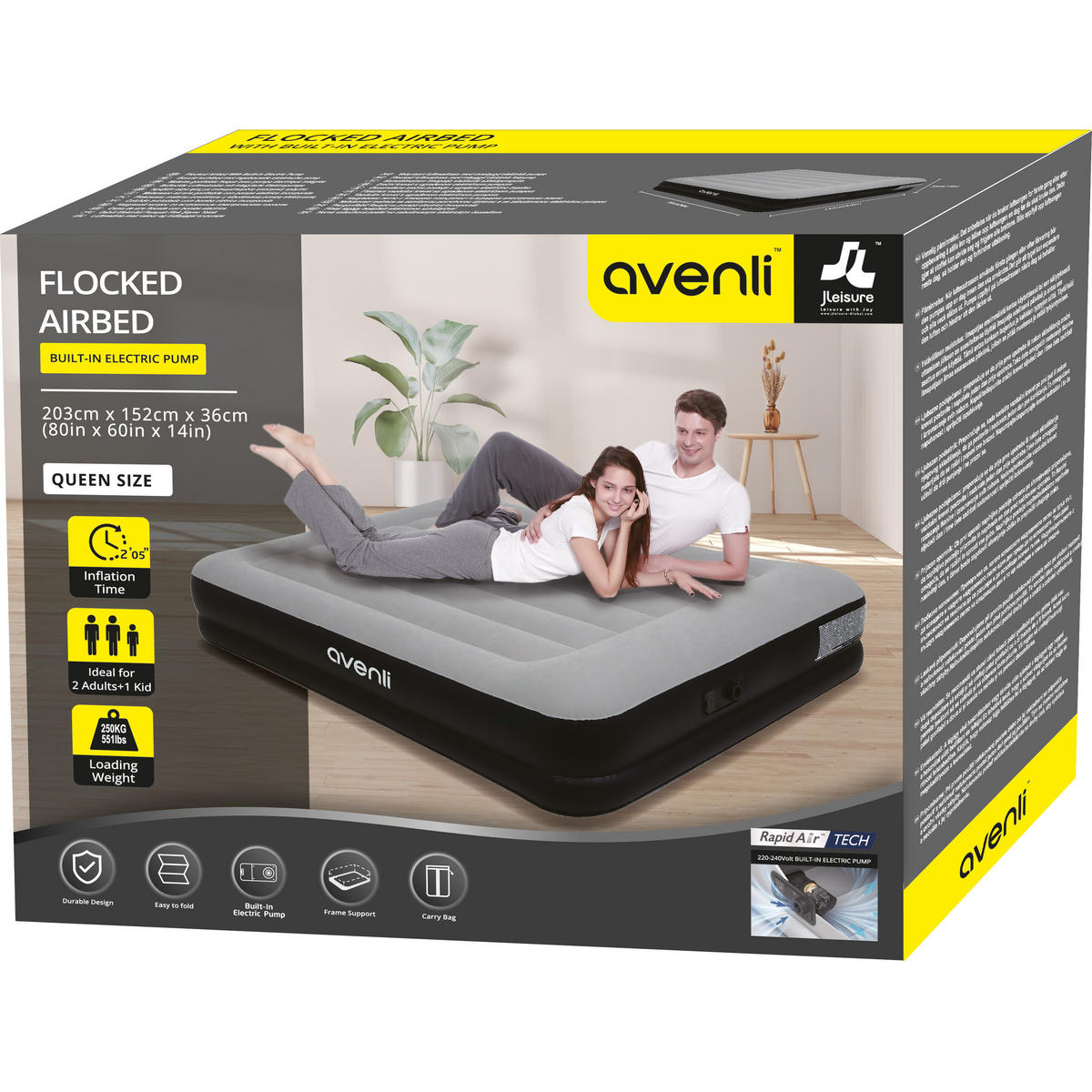 LUFTBETT Luftmatratze selbstaufblasend 203 x 152 x 36 cm mit integrierter Pumpe - Schwarz/Grau, Kunststoff (152/203cm) - Avenli