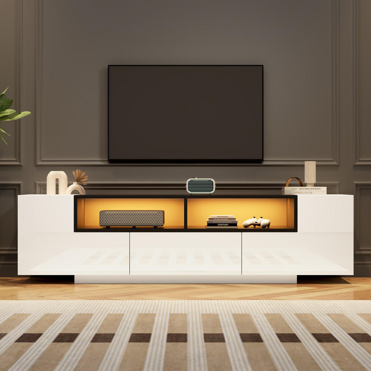 TV-ELEMENT180X40X48CM HochglanzWeiß mit LEDLicht für 75ZollFernseher - Weiß, Holz (51.33/13.89/99.54cm) - Raelunyi