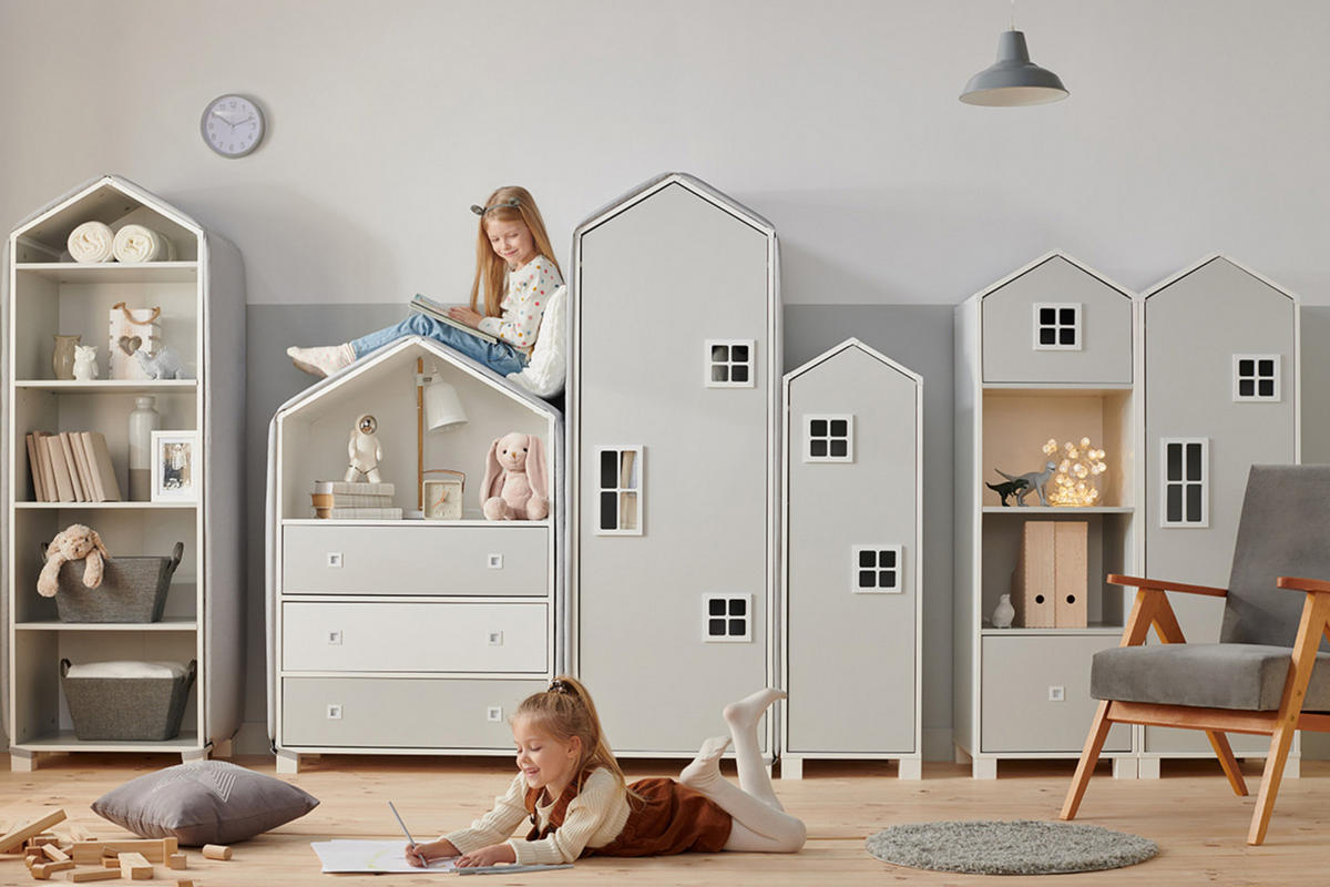KINDERKLEIDERSCHRANK MIRUM mit Einlegeböden und Bar, Weiß/Grau - Weiß/Grau, Holz (57/172/45cm) - KONSIMO®
