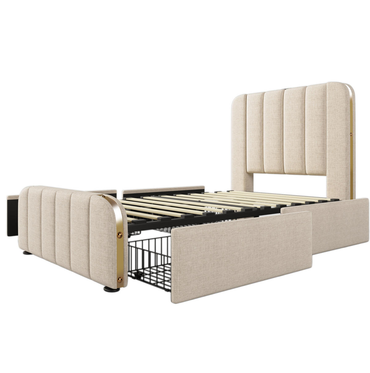 POLSTERBETT aus Leinen 90x200 cm Beige mit Matratze, 4 Schubladen und USB-C-Anschluss - Beige, Textil (90/200cm) - IVMEU