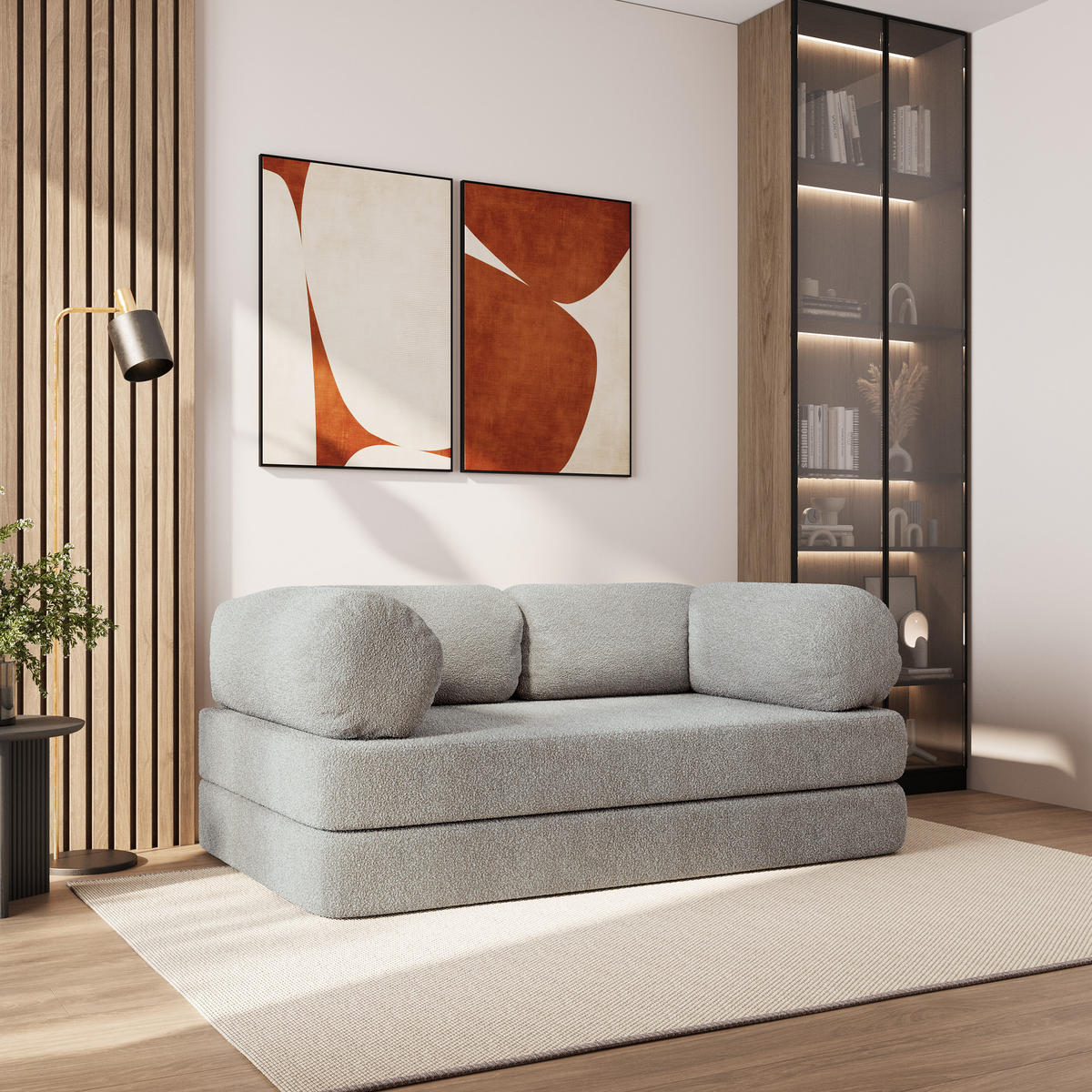 BETTSOFA EIREN aus Schaumstoff Bucle-Stoff Hellgrau Schlaffunktion - Hellgrau, Textil (170/68/80cm) - MASSENO
