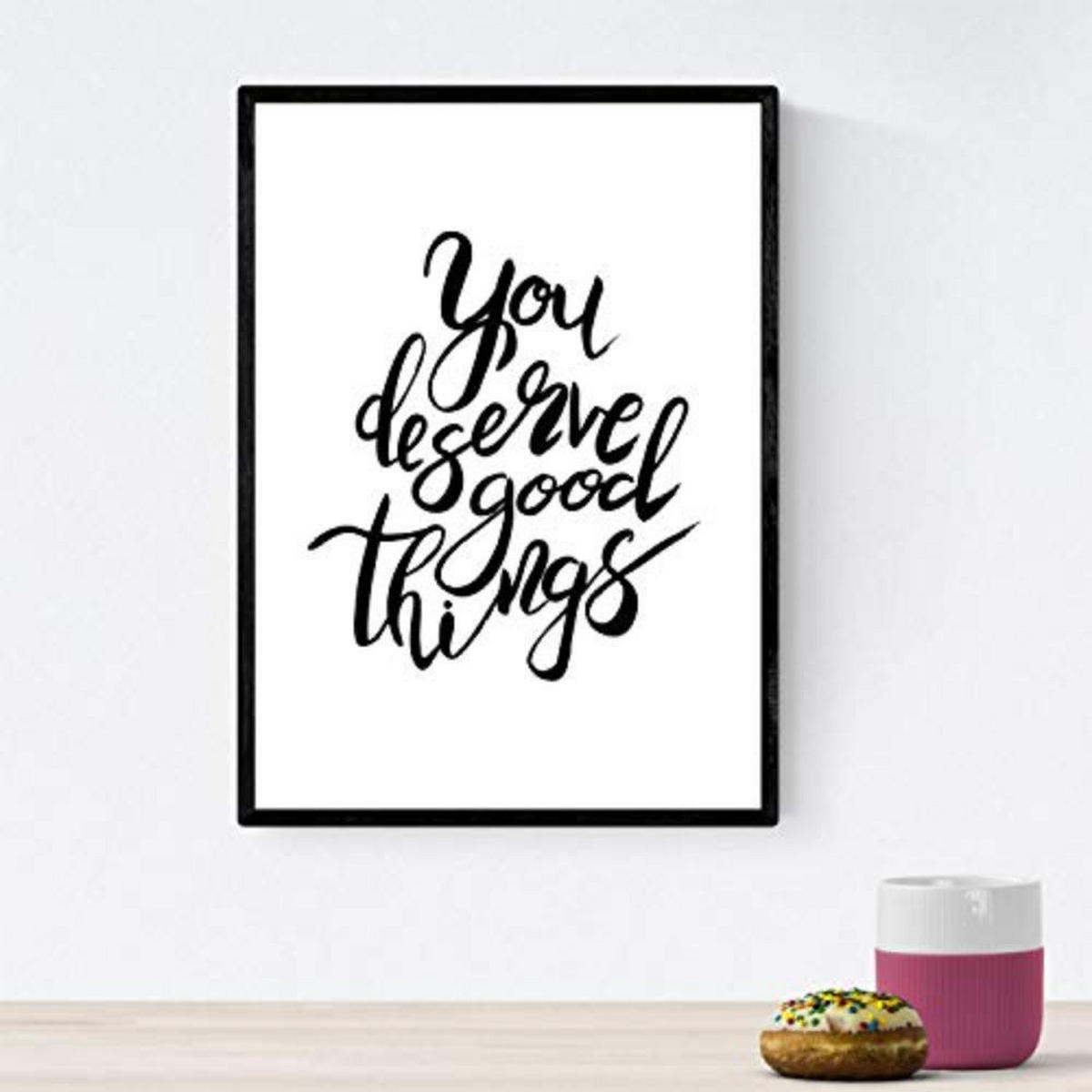 POSTER Set mit 4 glücklich und bunt ‚Gutes Leben‘ A4 Schwarzer Rahmen - Schwarz, Papier (29.7/3cm) - Nacnic