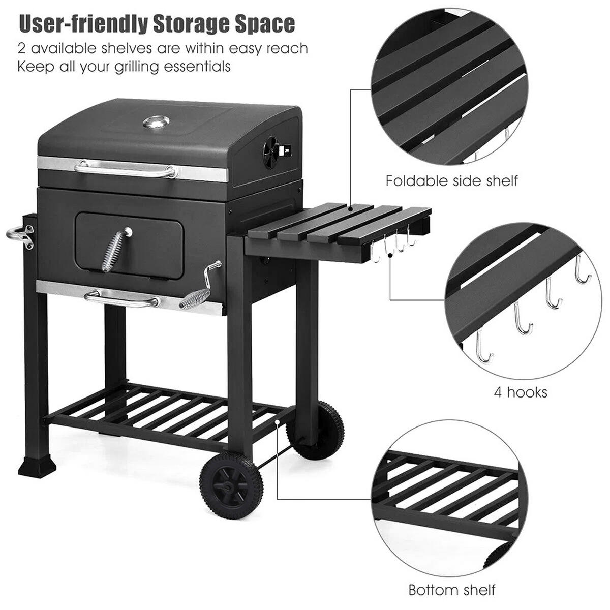 HOLZKOHLEGRILL mit 2 Edelstahl-Grillroste und Rollen aus Eisen in Schwarz pulverbeschichtet rostbeständig 78 x 54 x 32 cm - Schwarz, Metall (45/100/113cm) - Livingandhome