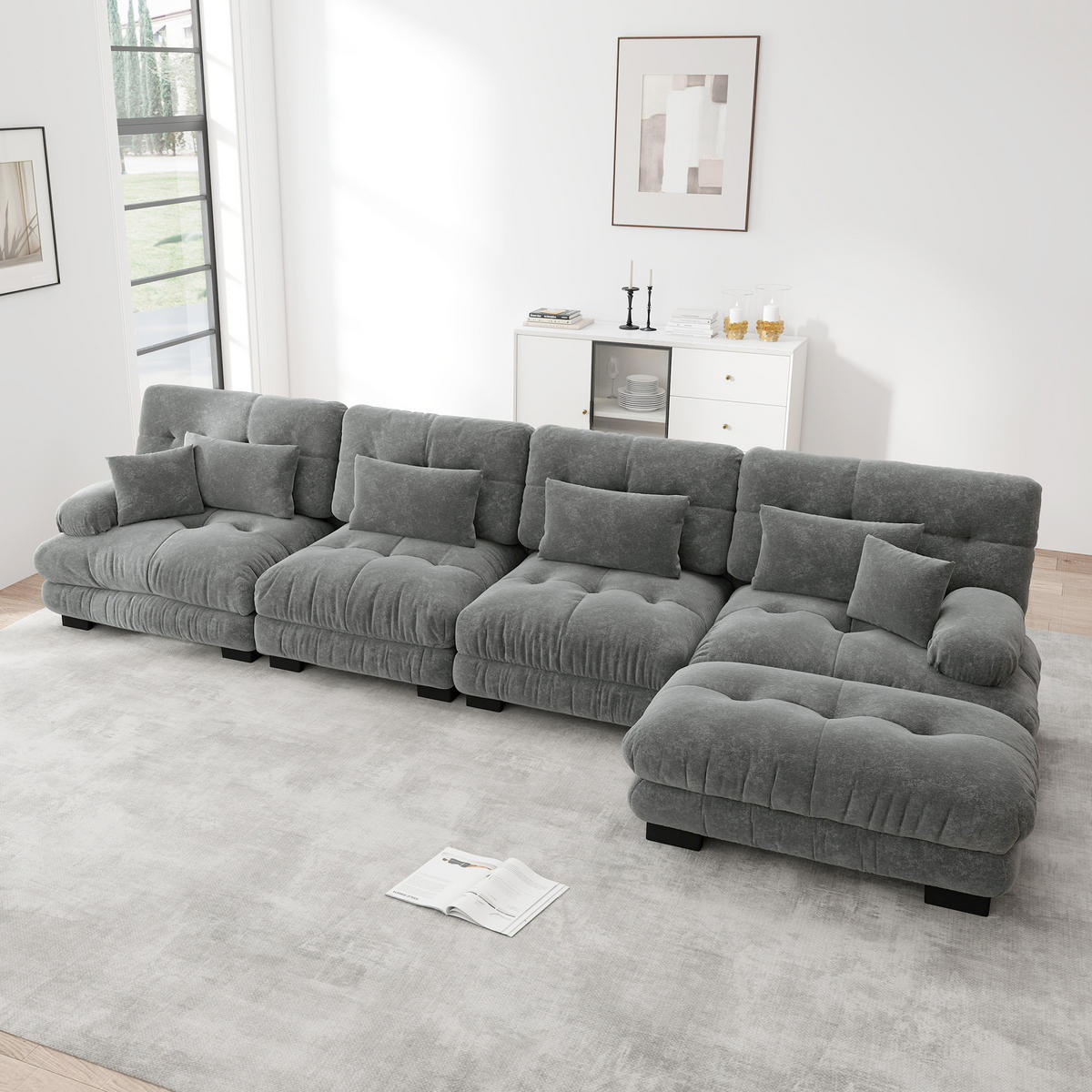 ECKSOFA 406×145×81 cm aus Chenille modular mit Ottoman, grau - Grau, Textil (145/406cm) - Luhomfu