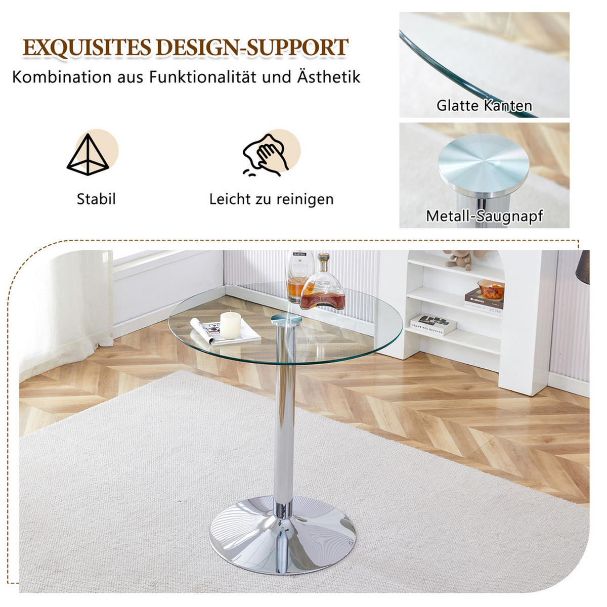 TISCHGRUPPE 3-tlg Runder Glastisch 89cm mit 2 Barhockern-Transparent und Flexibel - Transparent, Glas/Metall (41.5/33.5/72cm) - Raelunyi