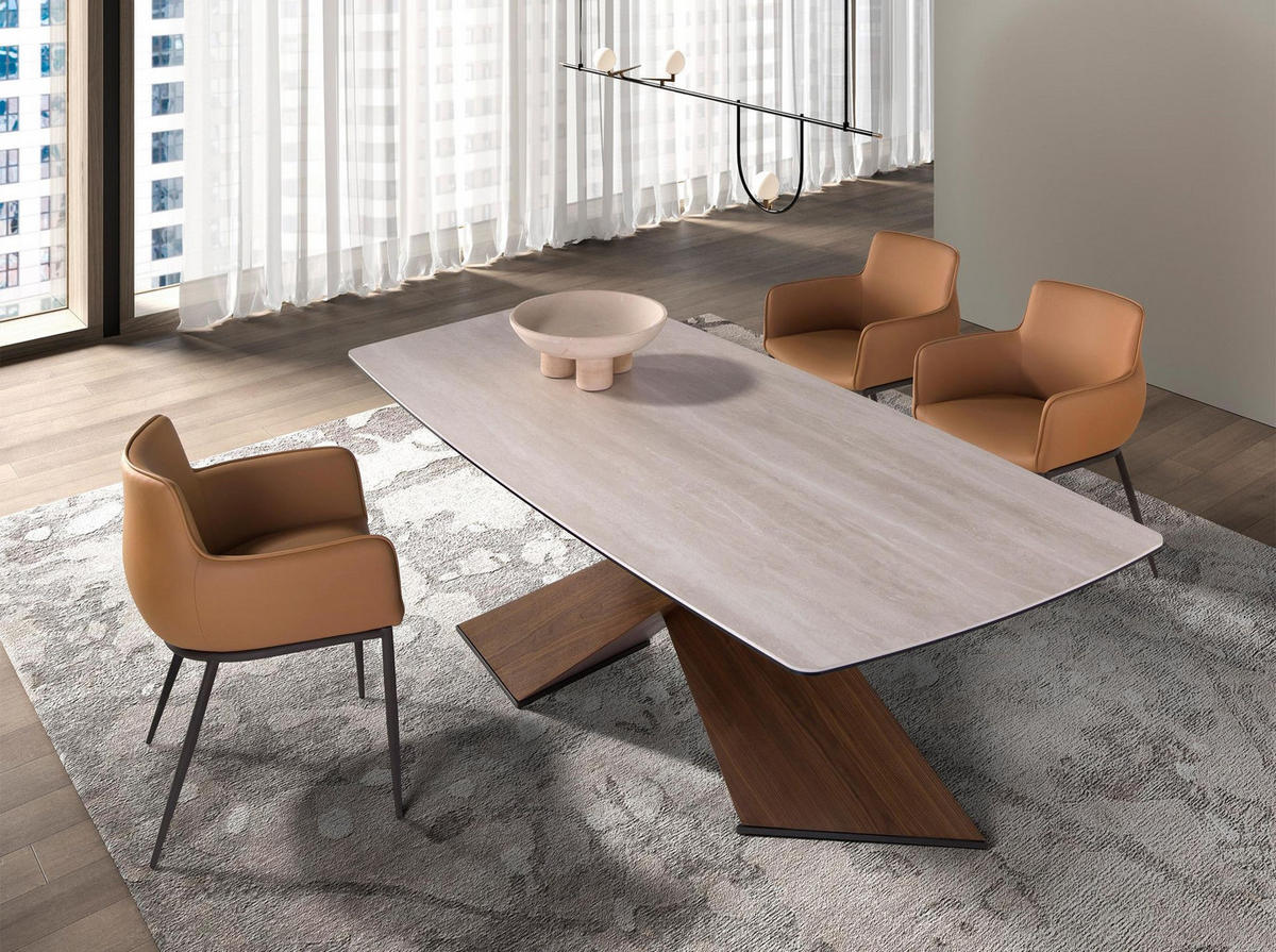 ESSTISCH Ovaler Esstisch aus Porzellanmarmor und Nussbaumholz 220/100/75 cm - Sandfarben/Walnussfarben, Keramik/Holz (100/220/75cm) - ANGEL CERDA