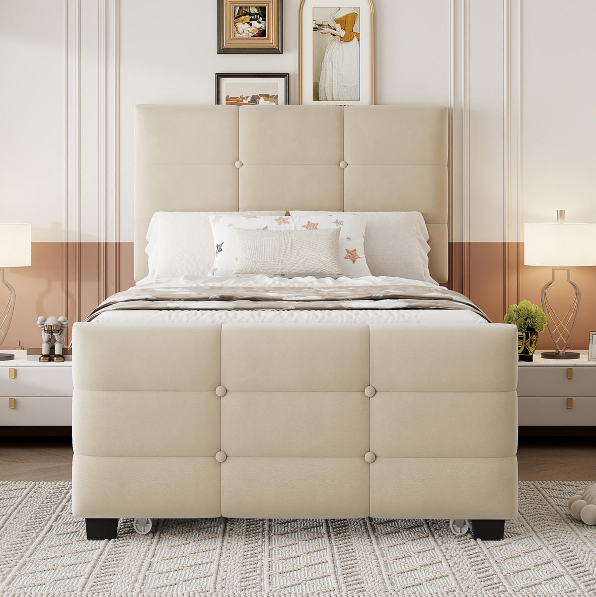 ČALÚNENÁ posteľ 90/190 cm s výsuvným lôžkom, klasické minimalistické prevedenie a zamatový poťah, Béžová - béžová, textil (90/190cm) - Redom