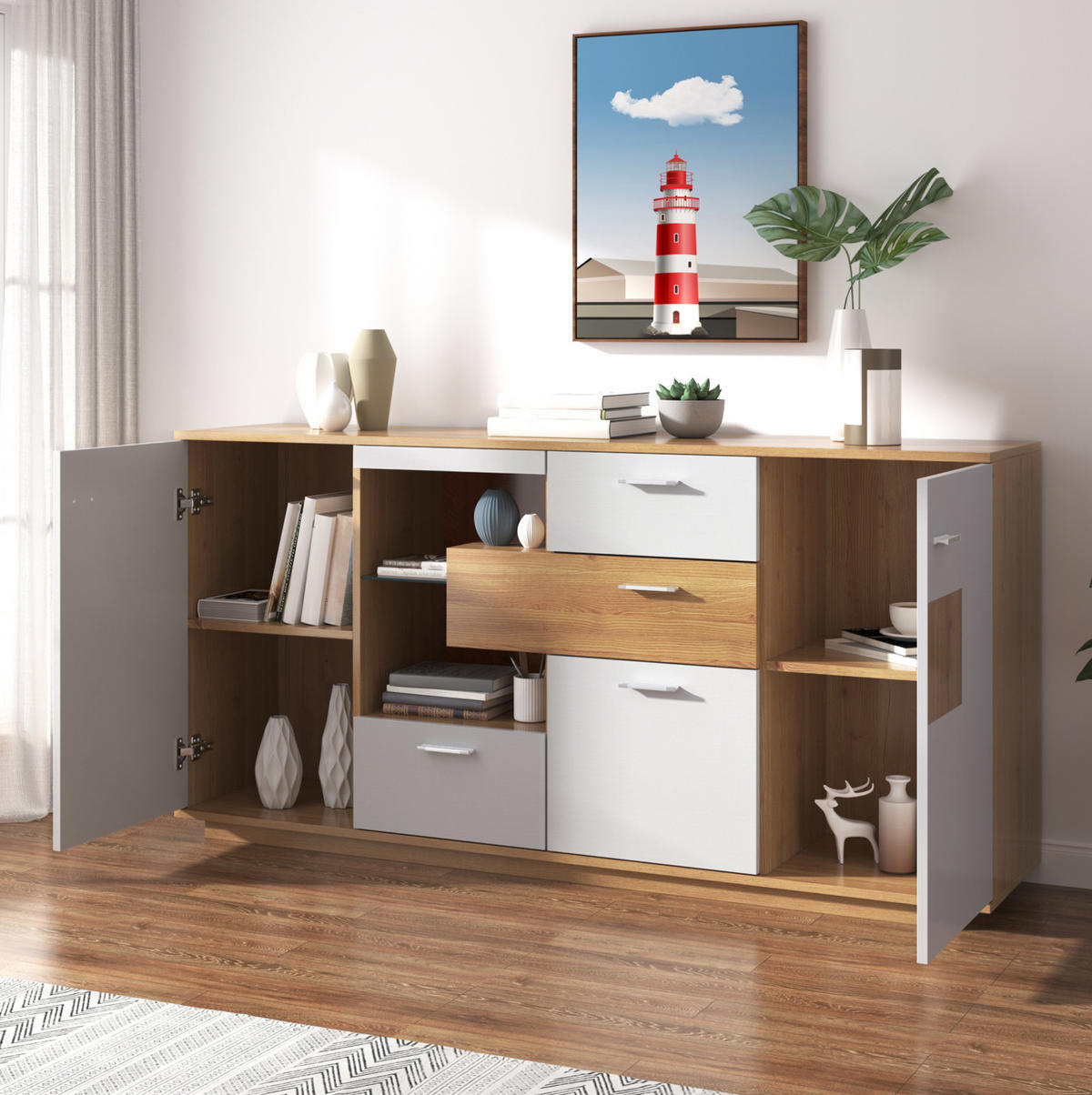 SIDEBOARD aus MDF 160x40x77 cm Holzfarbe/Weiß mit LED-Beleuchtung und 4 Schubladen - Naturfarben, Holzwerkstoff (160/77/40cm) - IVMEU