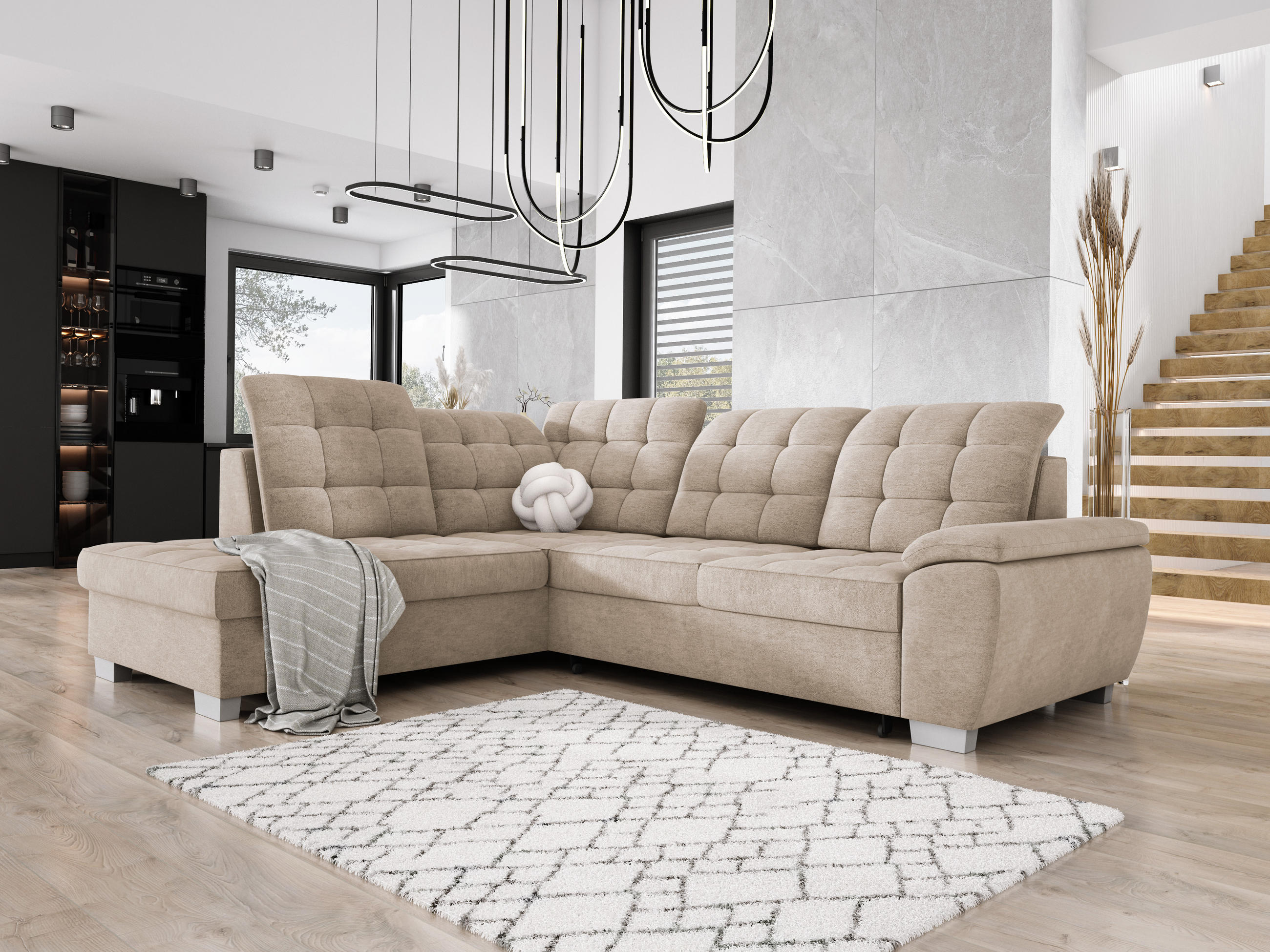 ECKSOFA LOTTA L-förmig Bettkasten verstellbare Kopfstützen hochwertige Verarbeitung lose Rückenkissen freistehend LINKS 212x258x106 cm Sand-coloured - Sandfarben, Holz/Textil (212/258cm) - DomoHome