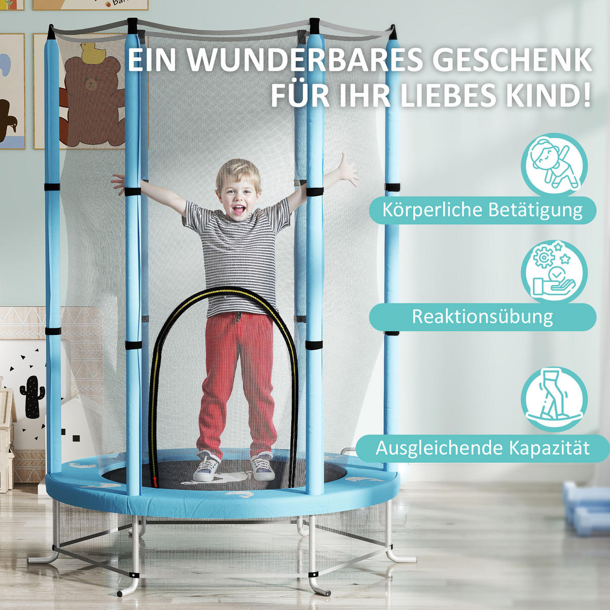 KINDER TRAMPOLIN, Hellblau, Stahl, Kunststoff - Hellblau, Metall (140/140cm) - AIYAPLAY