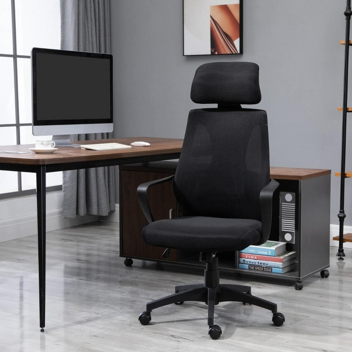 BÜROSTUHL in Schwarz 55x64x126 cm mit Höhenverstellung, Wippfunktion und verstellbarer Kopfstütze - Schwarz, Textil (64/126/55cm) - IVMEU