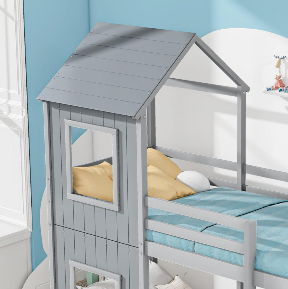 HAUSBETT 90/200 cm aus Kiefer massiv in Grau mit Sicherheitsgeländer - Grau, Holzwerkstoff (90/200cm) - BEAOK