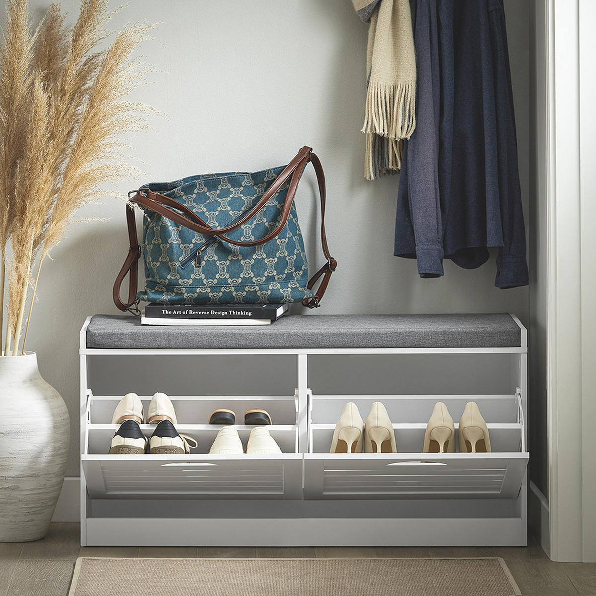 SCHUHBANK mit 2 Türen Weiß 94x30x47cm Modern - Weiß, Holzwerkstoff (30/47/94cm) - SoBuy
