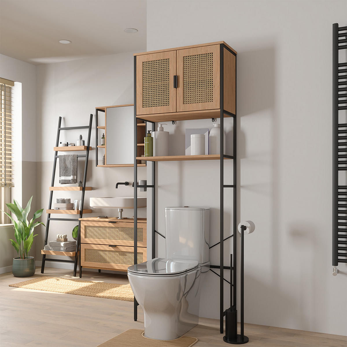 TOILETTENSCHRANK Linara, Eiche/Schwarz, 64 x 180 cm - Eichefarben/Schwarz, Holzwerkstoff (64/180/27cm) - Vicco