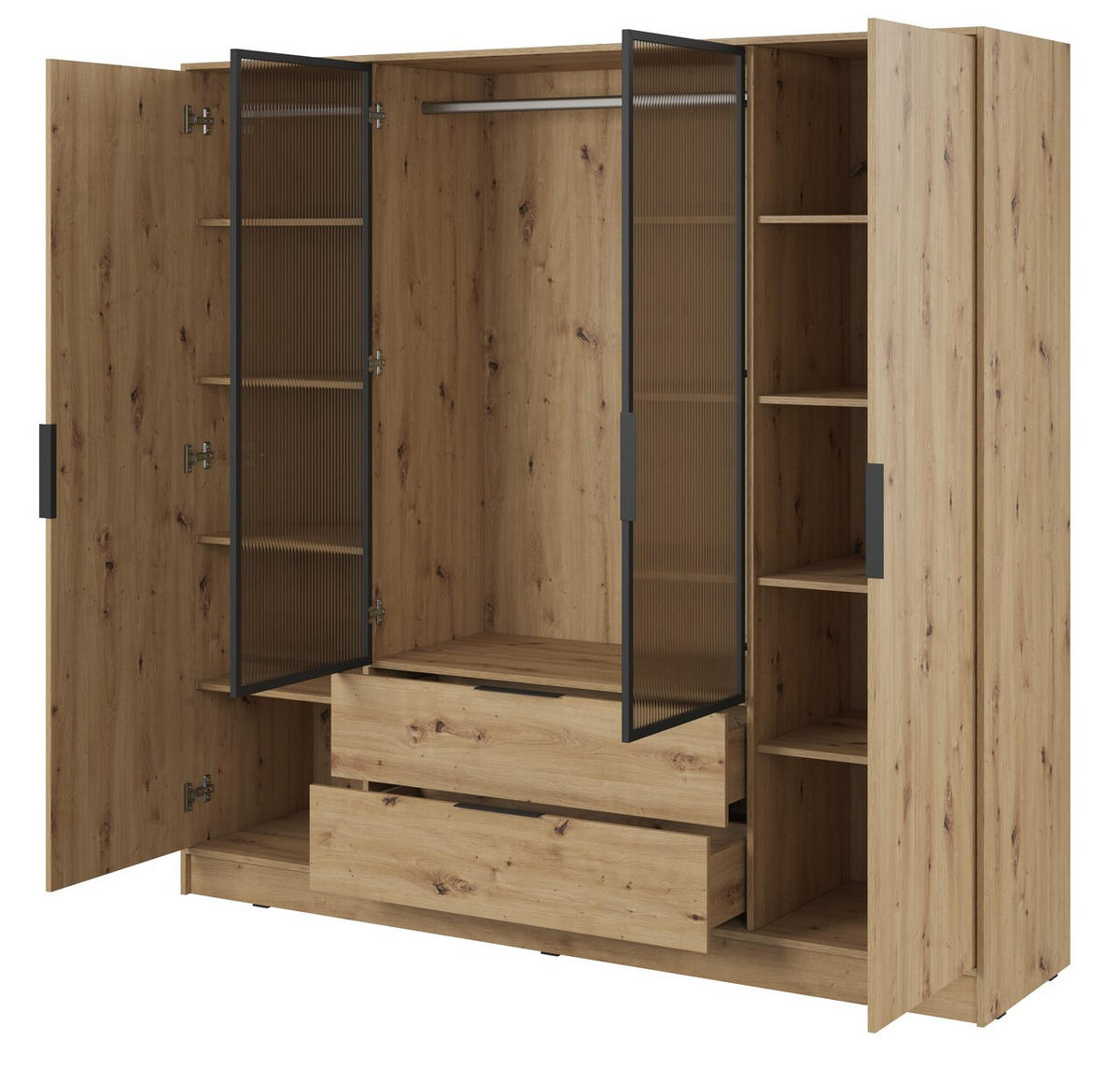 SCHRANK 206 cm mit Glas Kalma, Schubladen, 4 Türen, Eiche Artisan - Eiche Artisan, Holz (206/200/51cm) - Emporius