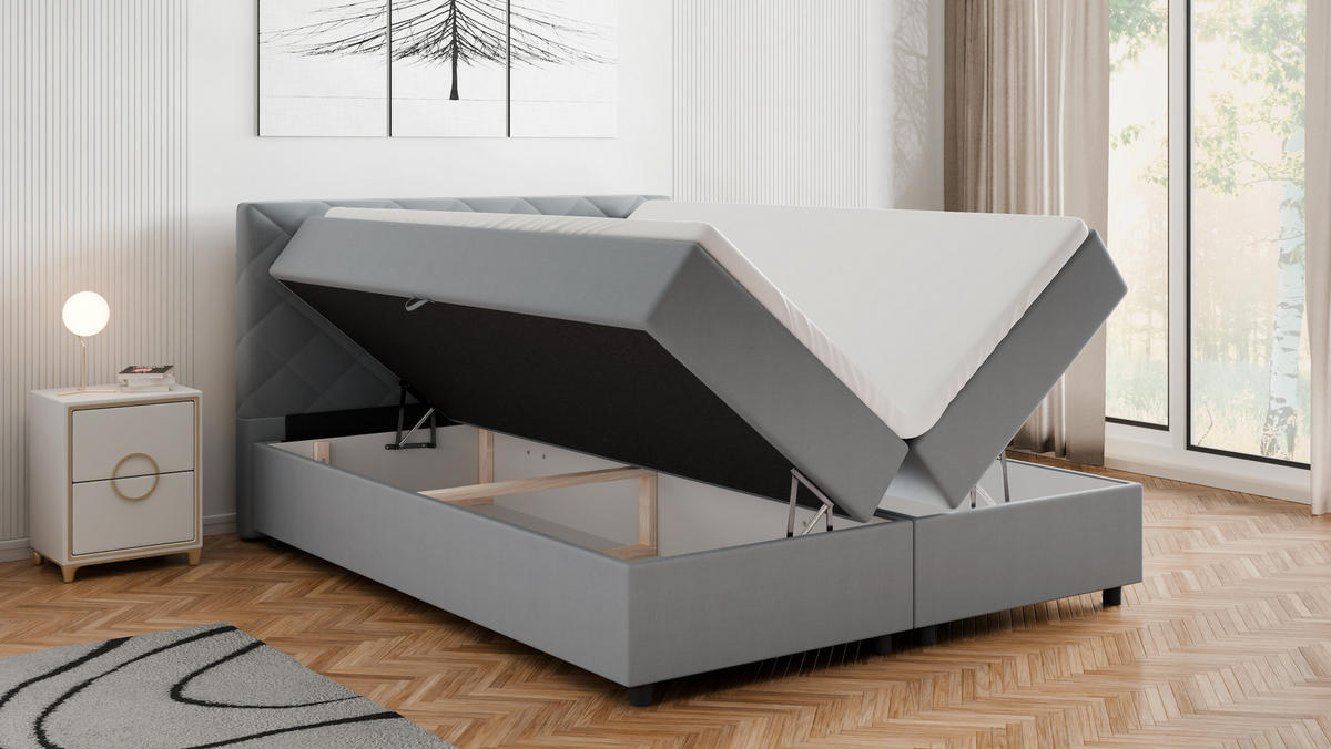 BOXBETT Diamaro 160x200 cm mit Bettkasten und Topper - Hellgrau - Hellgrau, Holz (160/200cm) - Panda Möbel