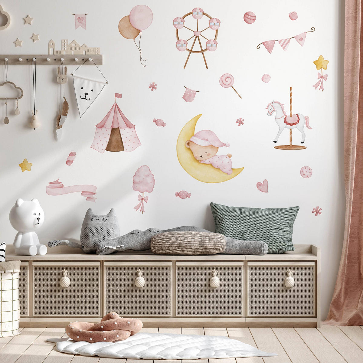 WANDSTICKER Teddybär auf dem Mond Sterne Ballons 60x30 - Gelb/Rosa, Papier (60/30/1cm) - Muralo