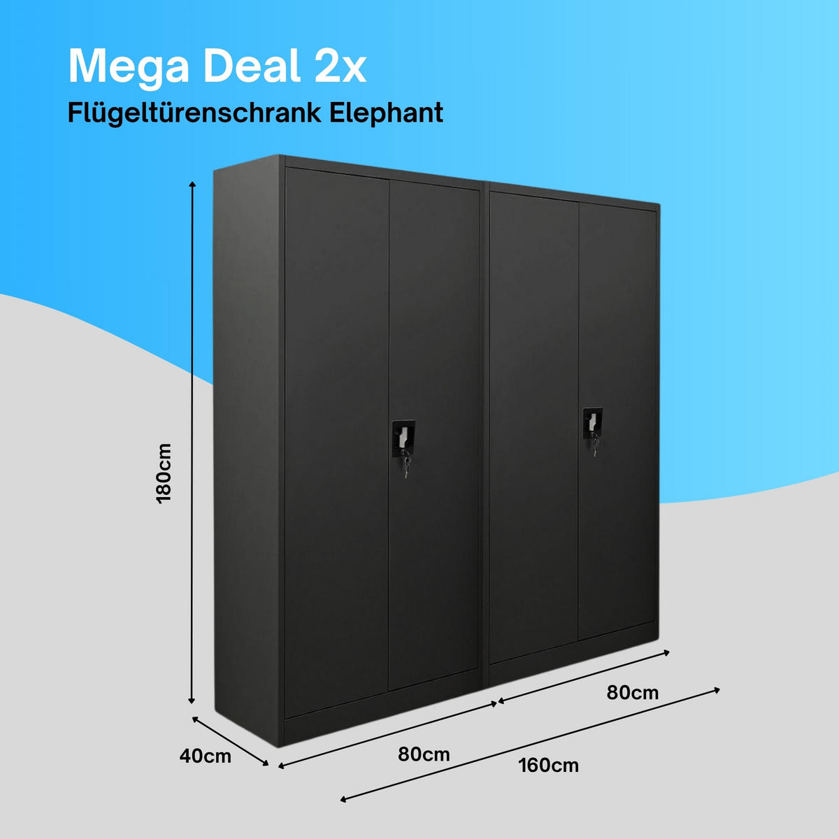 FLÜGELTÜRENSCHRANK Elephant 2er-Set 180x80x40cm 4 Ebenen Schwarz - Schwarz, Metall (160/180/40cm) - PROREGAL