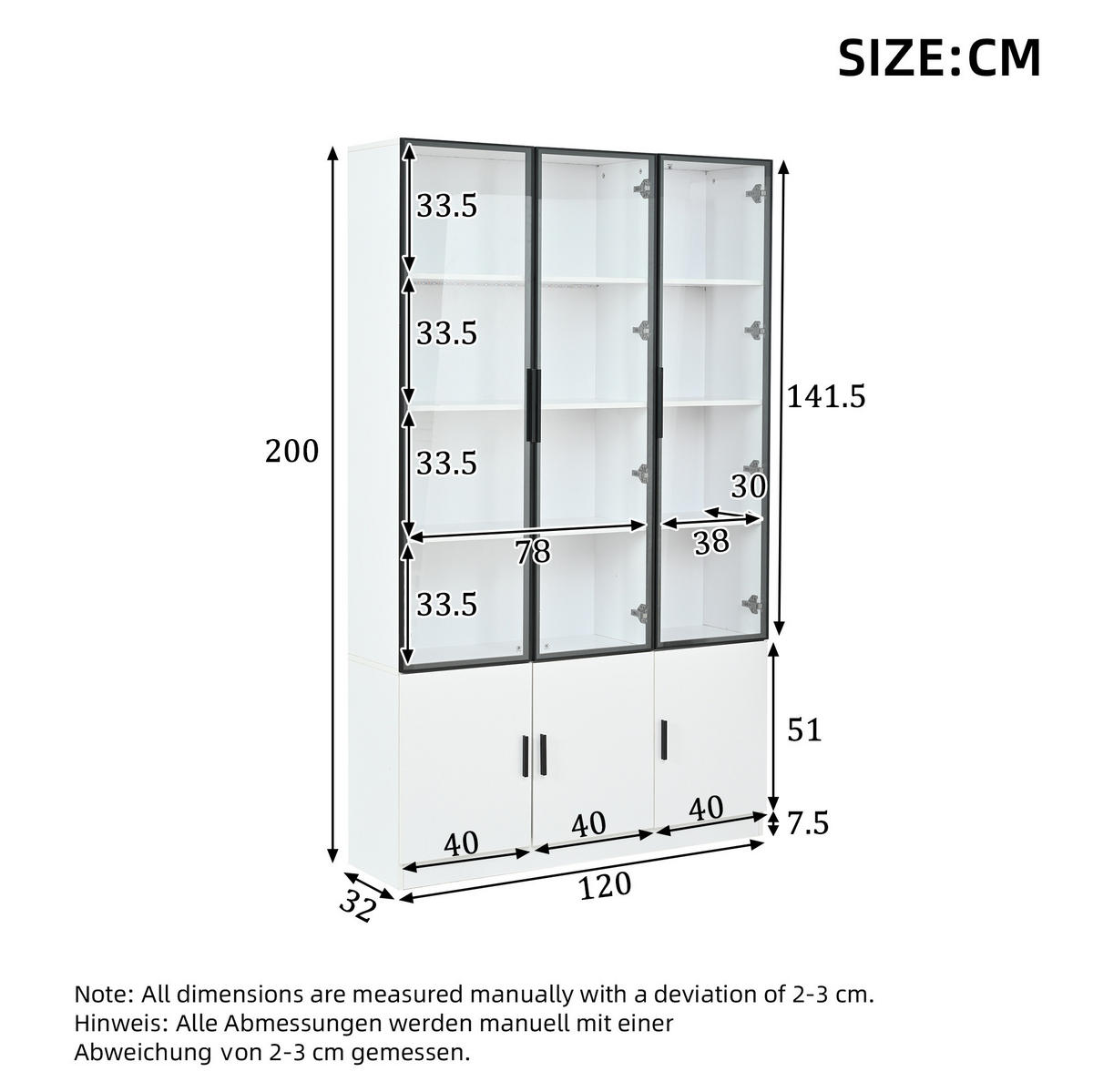 HIGHBOARD 120/32/200 cm in Weiß mit 6 Glastüren und LED-Beleuchtung - Weiß, Holzwerkstoff (120/200/32cm) - Flora Grace