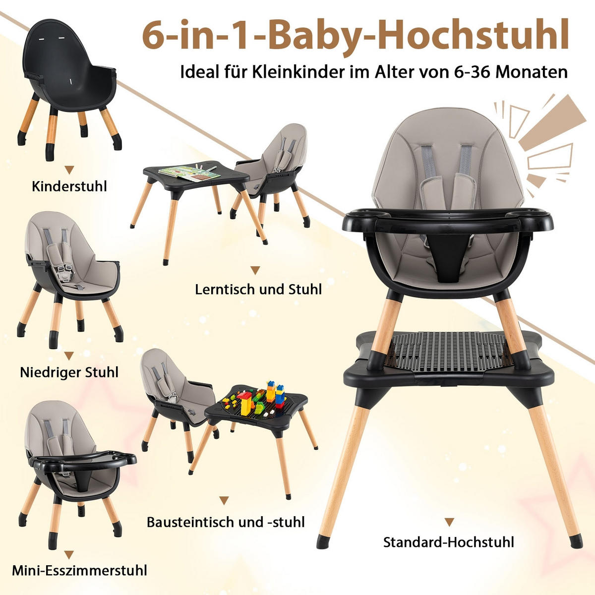 KINDERHOCHSTUHL mit Bausteintisch schwarz - Schwarz, Kunststoff (62/100/62cm) - COSTWAY