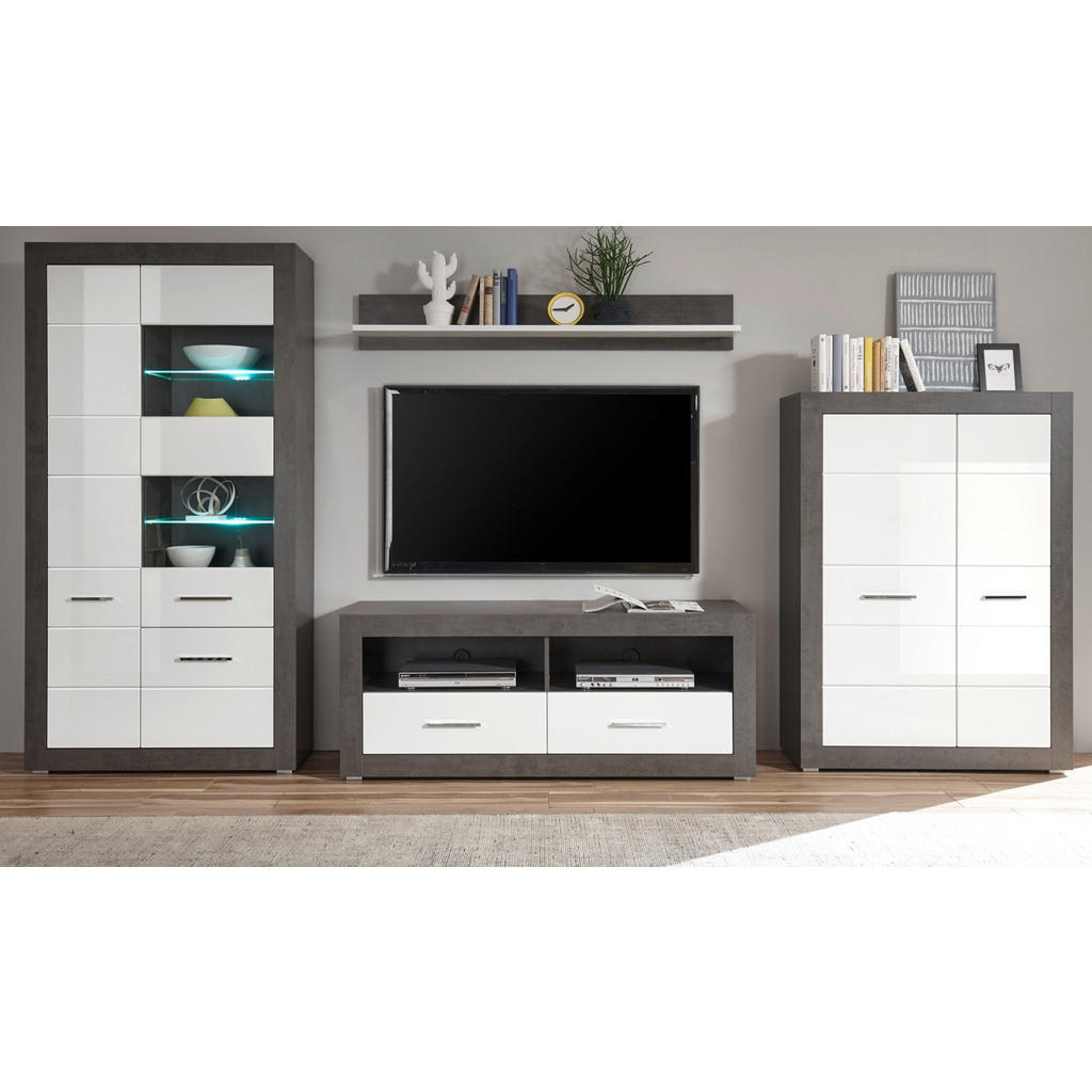 Thumbnail - Furn.Design Wohnwand, Weiß Hochglanz, Grau, Metall, Nachbildung, Uni, 11 Fächer, 2 Schubladen, 370x198x45 cm, Wohnzimmer...