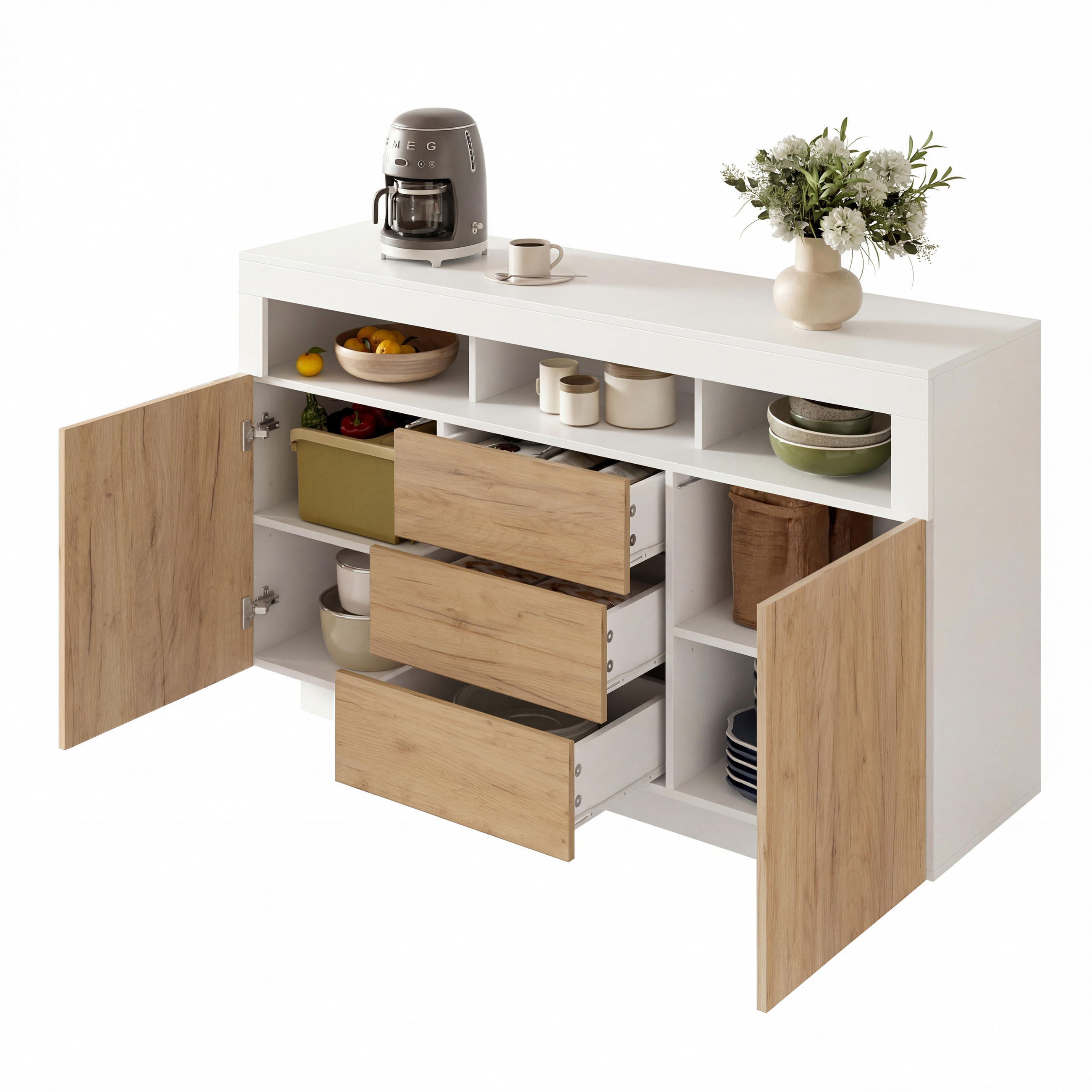 SIDEBOARD Natur Weiß 3 Schubladen 2 Türen 140x40x85cm - Multicolor, Holzwerkstoff (40/85/140cm) - FLIEKS