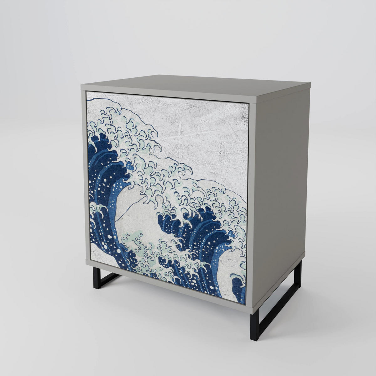 SIDEBOARD THE GREAT WAVE AT KANAGAWA, Grau, 57,5x42x75,5 cm, Goldfarbene Metallfüße - Goldfarben/Multicolor, Holzwerkstoff/Metall (57.5/75.5/42cm) - SpaceRebels