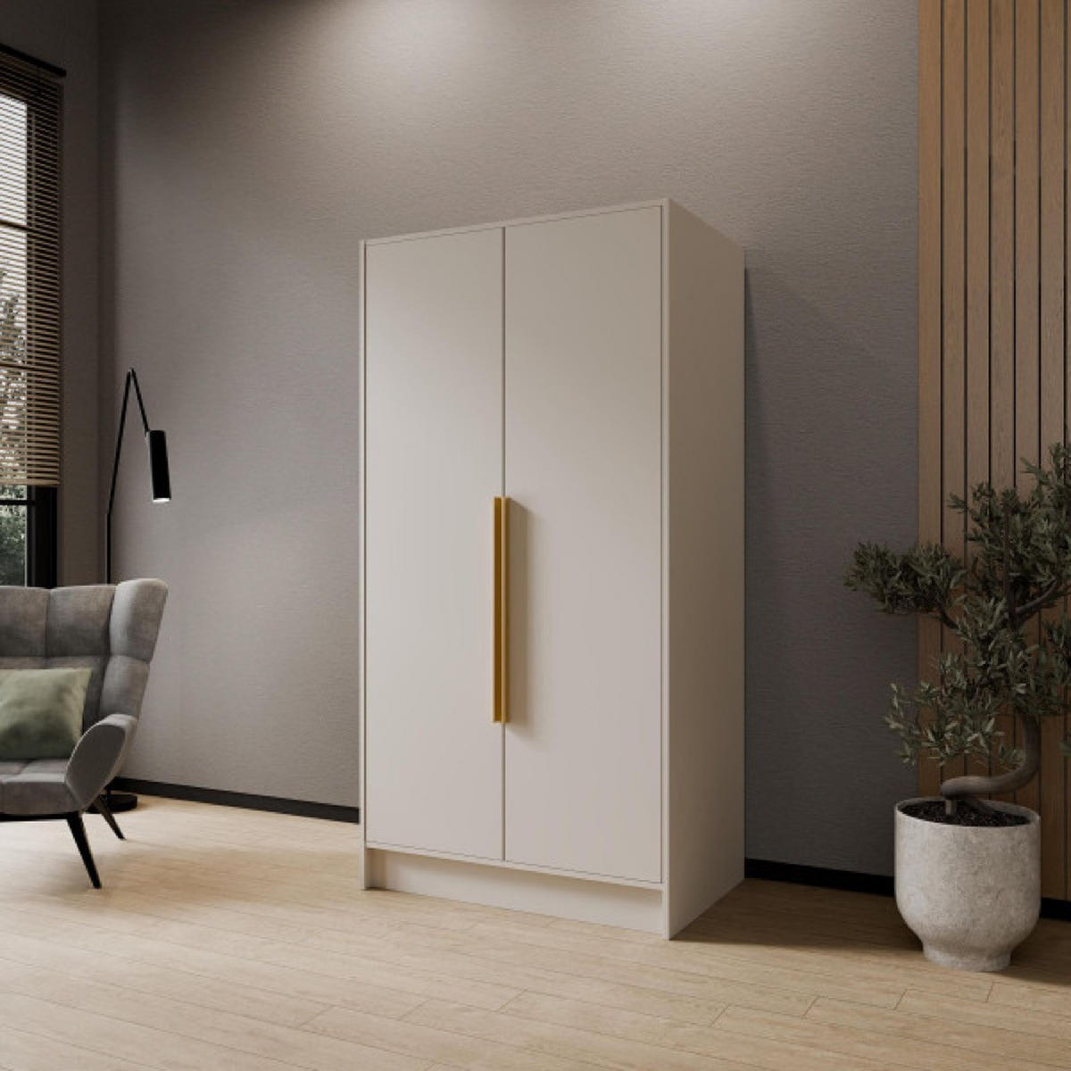 SCHRANK Kaschmir ORTO 100 g Glatt Ohne Spiegel Mit Goldenen Griffen - Ecru/Goldfarben, Holzwerkstoff (102/200/51cm) - Sepro Meble