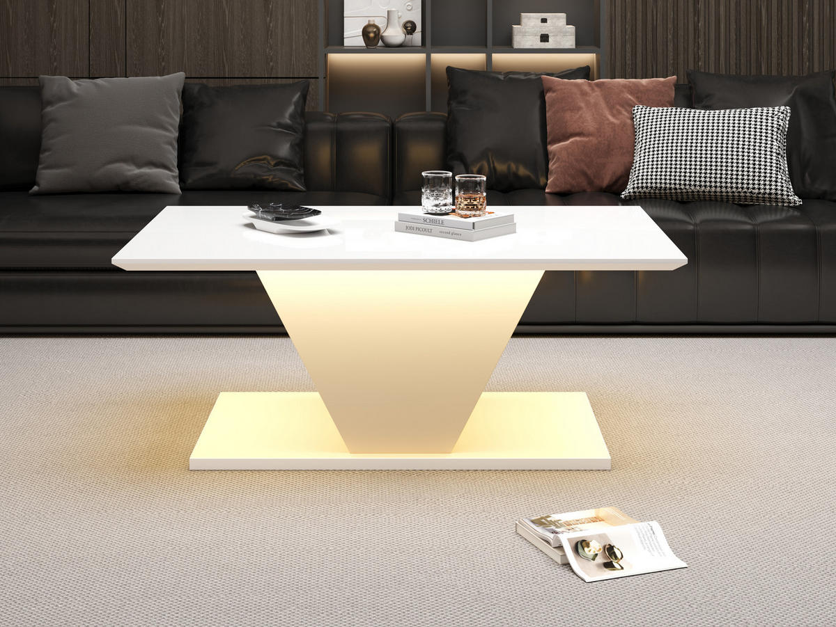 COUCHTISCH, V‑Form, weiß mit Hochglanz-Tischplatte und steuerbarer LED-Beleuchtung, 100/50/46 cm,weiß - Weiß, Holzwerkstoff (100/50/46cm) - Redom