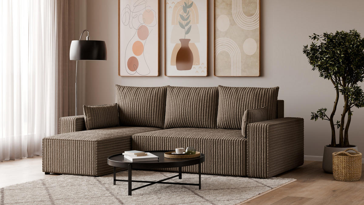 ECKSOFA Tobi mit Bettkasten und Schlaffunktion, L-Form, Cordstoff, Universal - Taupe, Holzwerkstoff (246/145cm) - 4ALL HOME