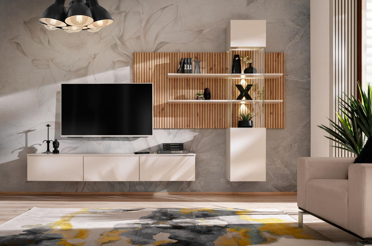 WOHNWAND Sand matt, Eiche Artisan 280 cm, Schrankwand hängend inklusive LED Beleuchtung - Sandfarben/Schwarz, Holzwerkstoff/Metall (280/180/45cm) - Furn.Design